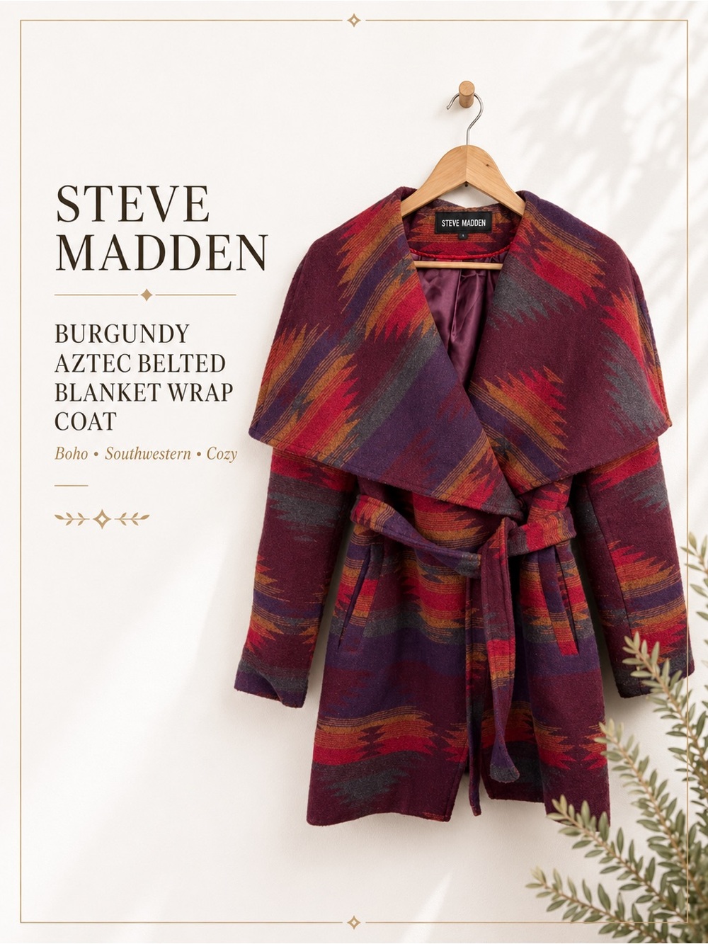 Steve Madden Burgundy Aztec Belted Blanket Wrap Coat Boho Southwestern Large